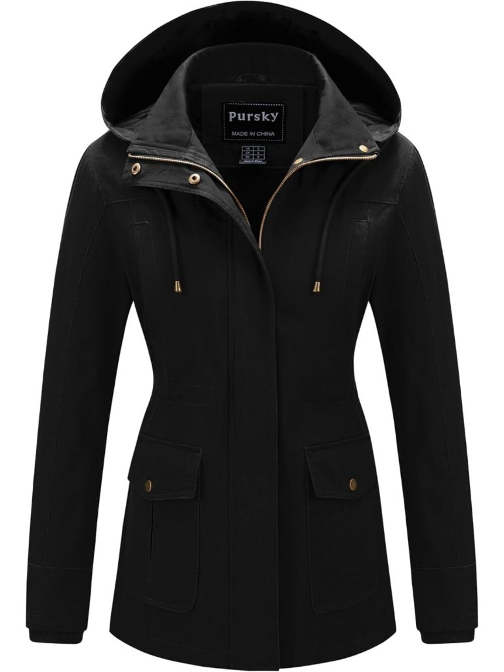 Women's Black Cotton Removable Drawstring Hood Military Utility Anorak Jacket